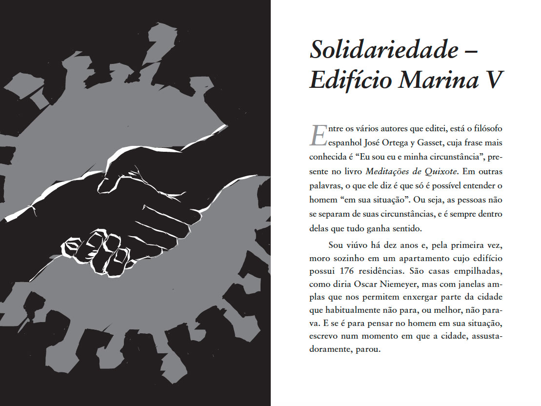 Ouverture du chapitre 'Solidarité - Edifício Marina V' avec une illustration de mains se serrant la main, symbolisant la solidarité pendant la pandémie, illustration de Nêio Mustafa.