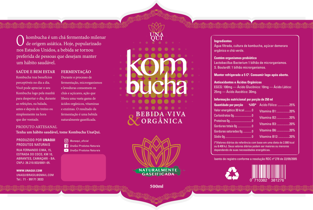 Projeto de rótulo para 'Kombucha Unaqui', ilustrado por Nêio Mustafa. Apresenta o rótulo com inspiração nos signos indianos. Design criativo com cores vibrantes e elementos gráficos distintos.